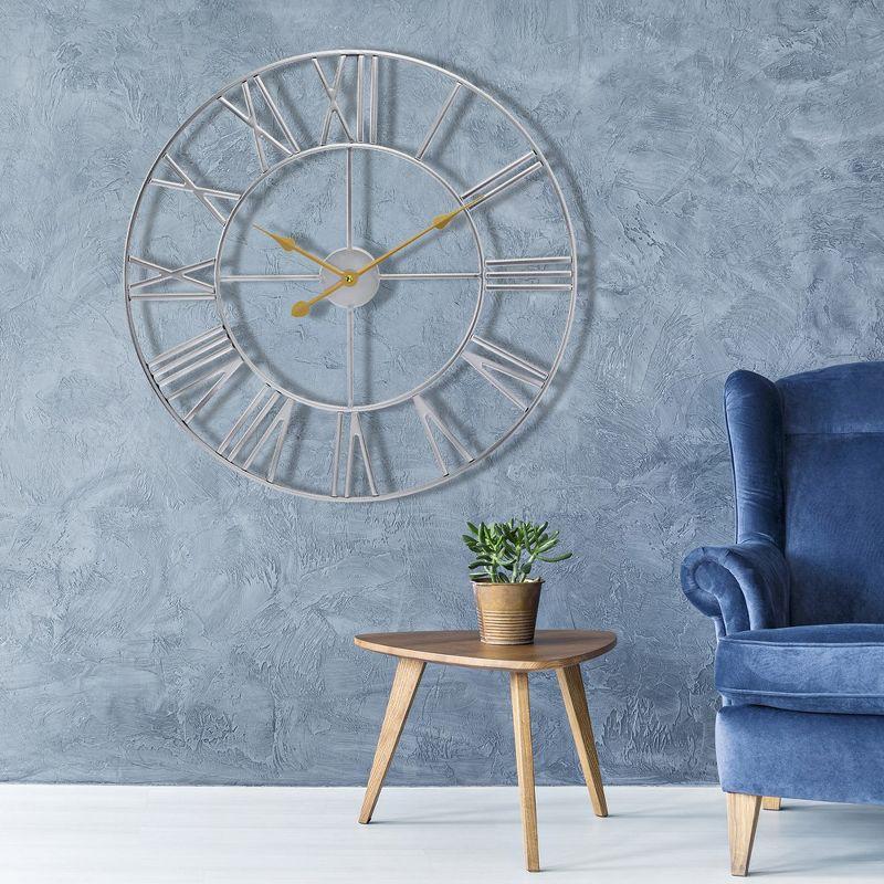 Oversized Silver Metal Roman Numeral Wall Clock