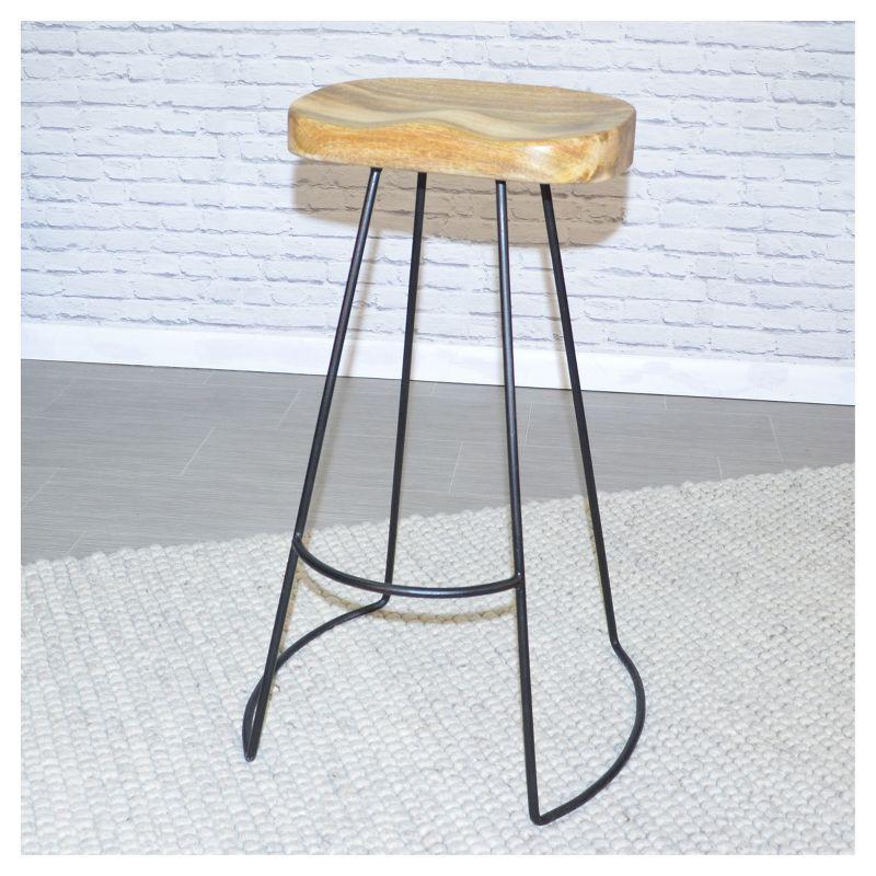 Saddle-Style Natural Mango Wood and Black Metal 30" Barstool Set