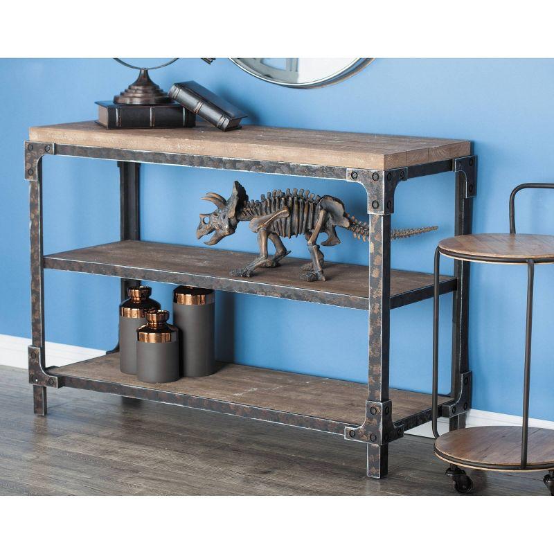 Brown Industrial Wood and Metal 3-Tier Console Table with Storage