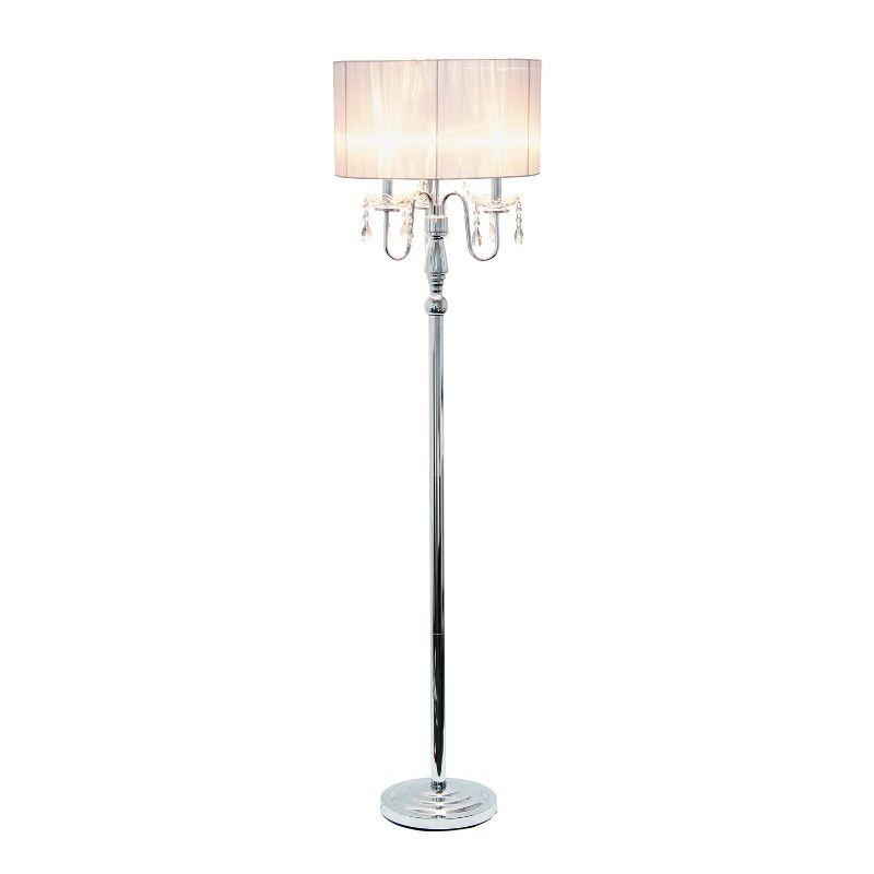 Elegant White Chrome Floor Lamp with Sheer Shade and Hanging Crystals