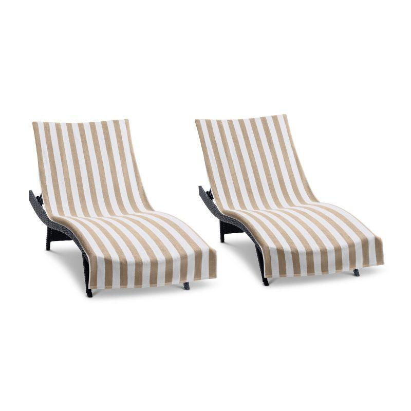 Beige and White Striped Cotton Chaise Lounge Covers, 30 x 85 in, Pack of 2