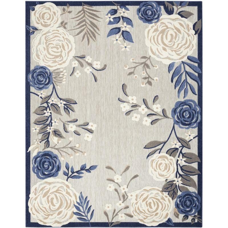 Reversible Blue-Grey Floral Power-Loomed 7' x 10' Outdoor Rug