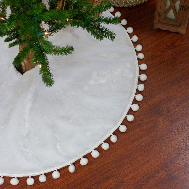 White Fabric Christmas Tree Skirt with Pom Pom Border