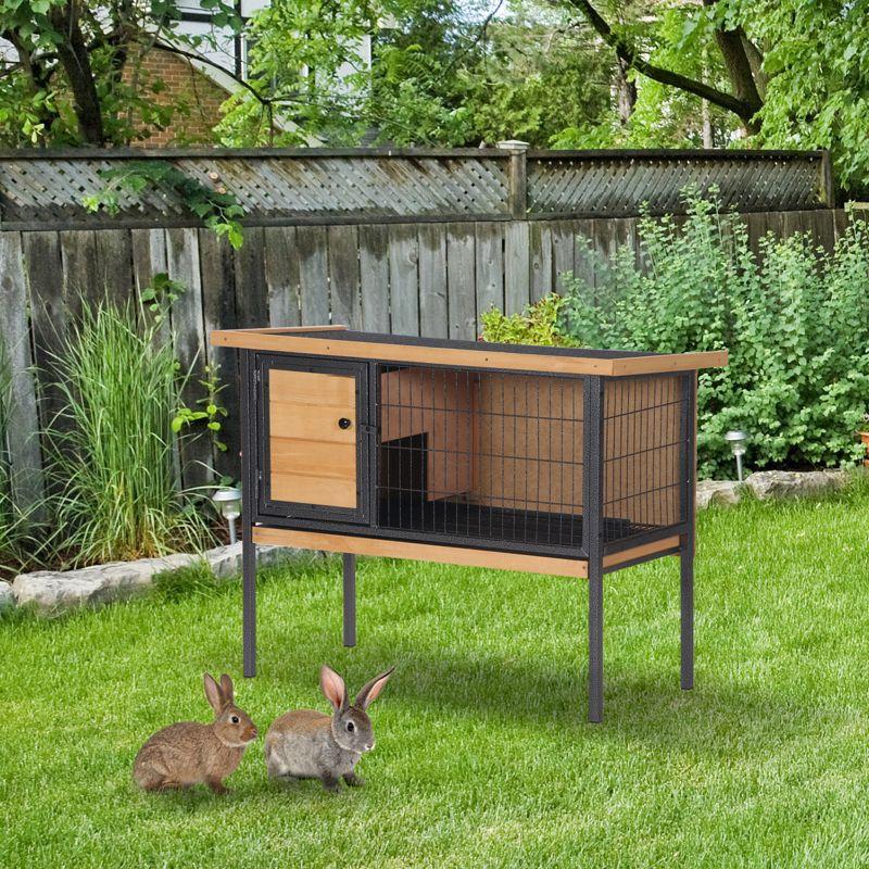 PawHut Rabbit Hutch Elevated Bunny Cage Small Animal Habitat with Metal Frame, Wire Pan, and Asphalt Roof for Indoor/Outdoor Natural Wood