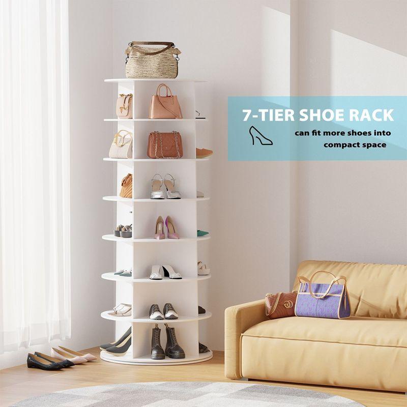 7 Tier Rotating Shoe Rack Tower, Revolving Shoe Rack Storage, Round Carousel Vertical Handbag and Shoe Organizer ,White-SpaceAid®