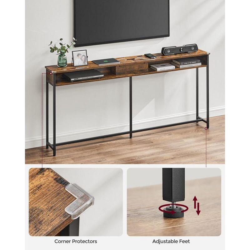 VASAGLE Narrow Console Table 70.9" with 2 Outlet and 2 USB Ports Sofa Table with Charging Station Long Entryway Table Rustic Brown and Black