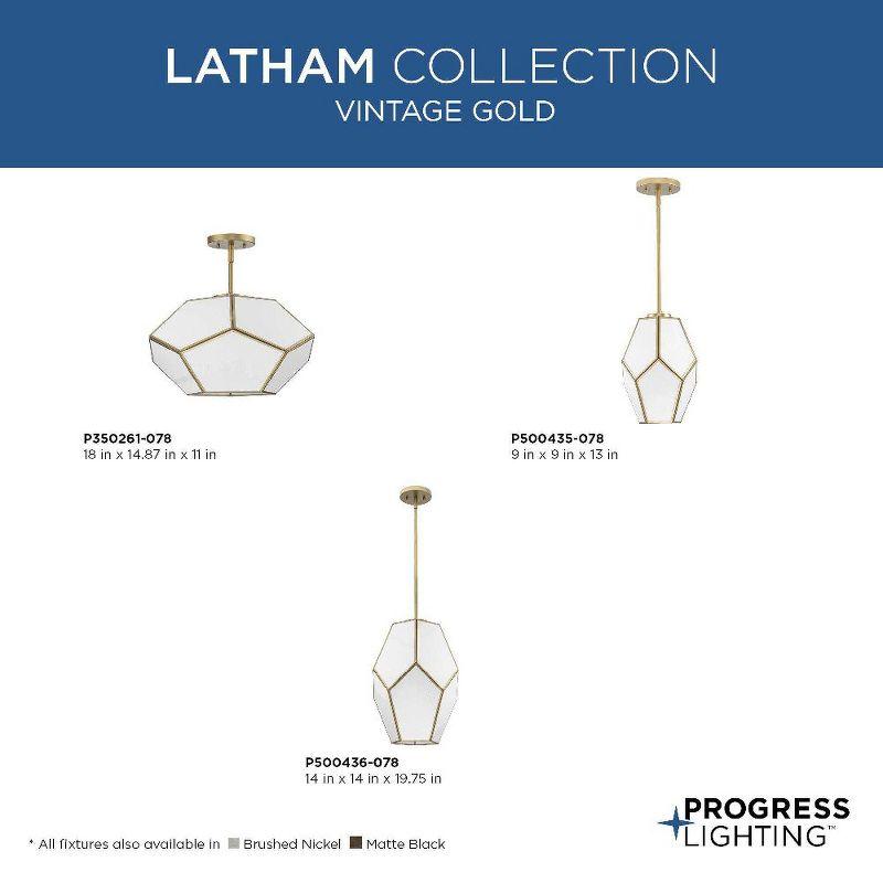 Progress Lighting Latham 3-Light Semi-Flush Mount, Vintage Gold, White Art Glass. Geometric framework with handmade glass.