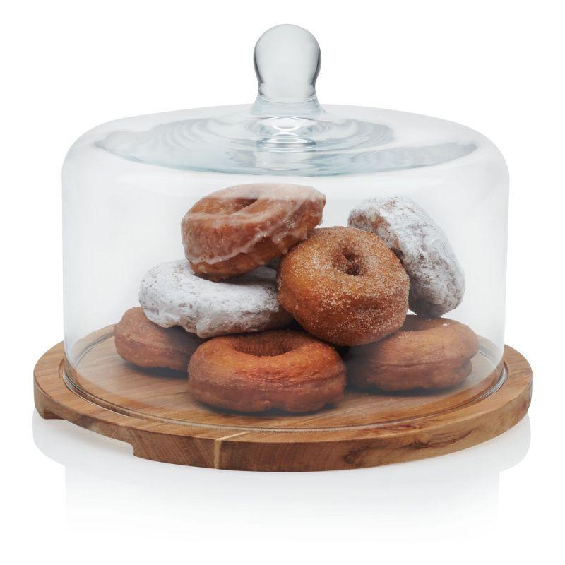 Libbey Round Wood Server Cake Stand with Glass Dome