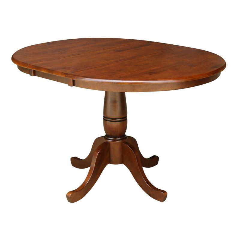 International Concepts Round Pedestal 36" Extendable Dining Table with 12" Drop Leaf: Mid-Century Style, Seats 4, Hardwood