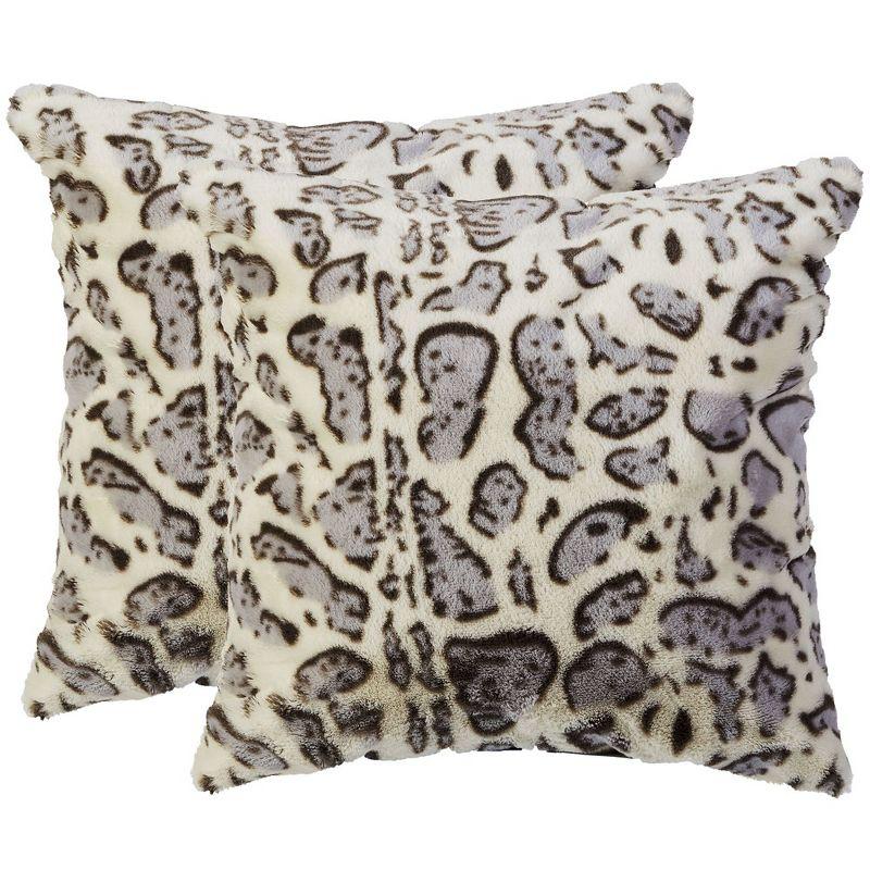 Set of 2 Gray Faux Fur Leopard Print Throw Pillows