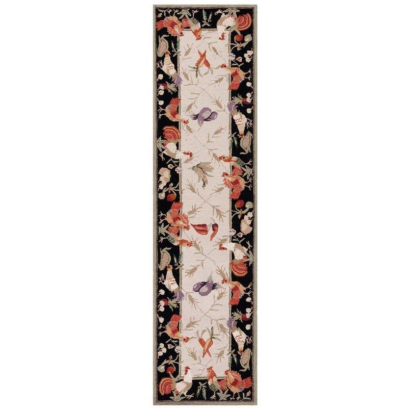 Ivory and Black Floral Hand-Knotted Wool Runner Rug