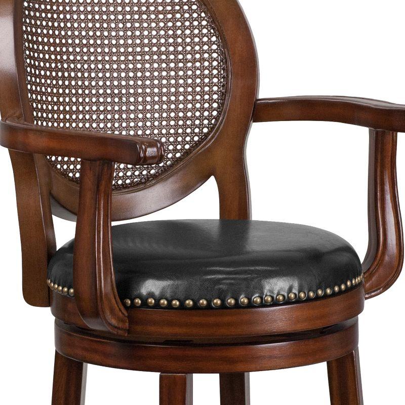 Flash Furniture 30'' High Expresso Wood Barstool with Arms, Woven Rattan Back and Black LeatherSoft Swivel Seat