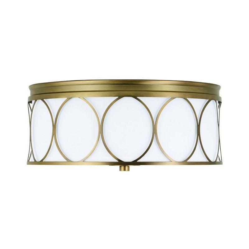 Aged Brass and White Fabric Drum Flush Mount Light