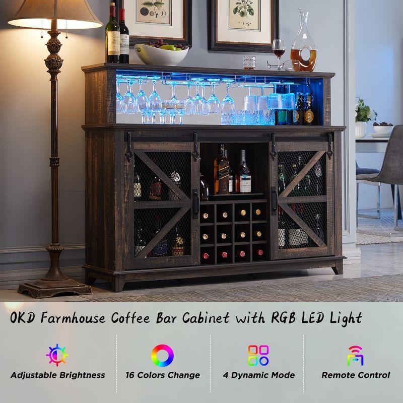 OKD 55" Coffee Bar Cabinet with LED Lights & Sliding Barn Door & Wine and Glass Rack, Wine Bar Cabinet w/Storage Shelves for Dining