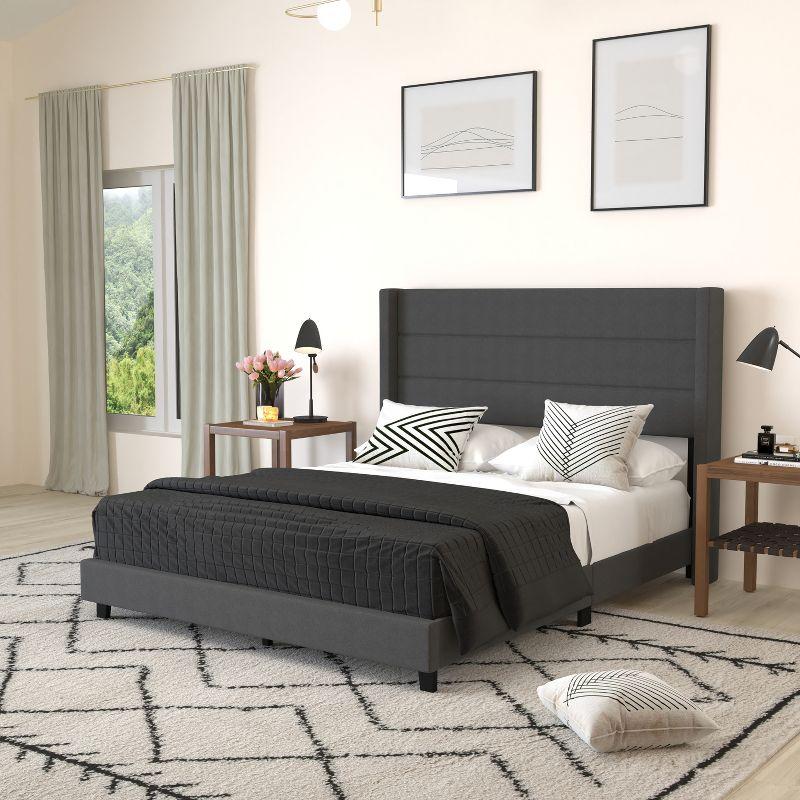 Merrick Lane Modern Queen Platform Bed with Padded Channel Stitched Charcoal Faux Linen Upholstered Wingback Headboard and 6" Underbed Clearance