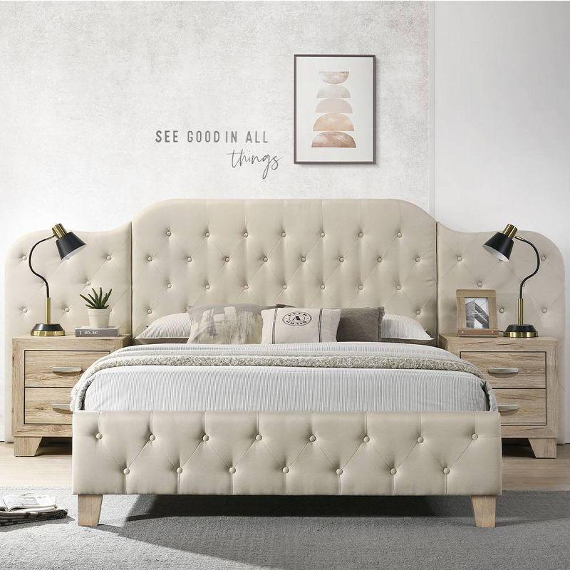 Beige Linen Upholstered Queen Bed with Tufted Headboard and Storage Drawer