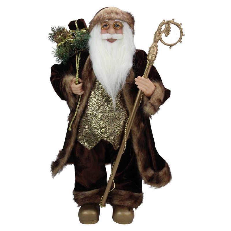 24" Gold and Brown Standing Santa Claus Christmas Figurine with Staff