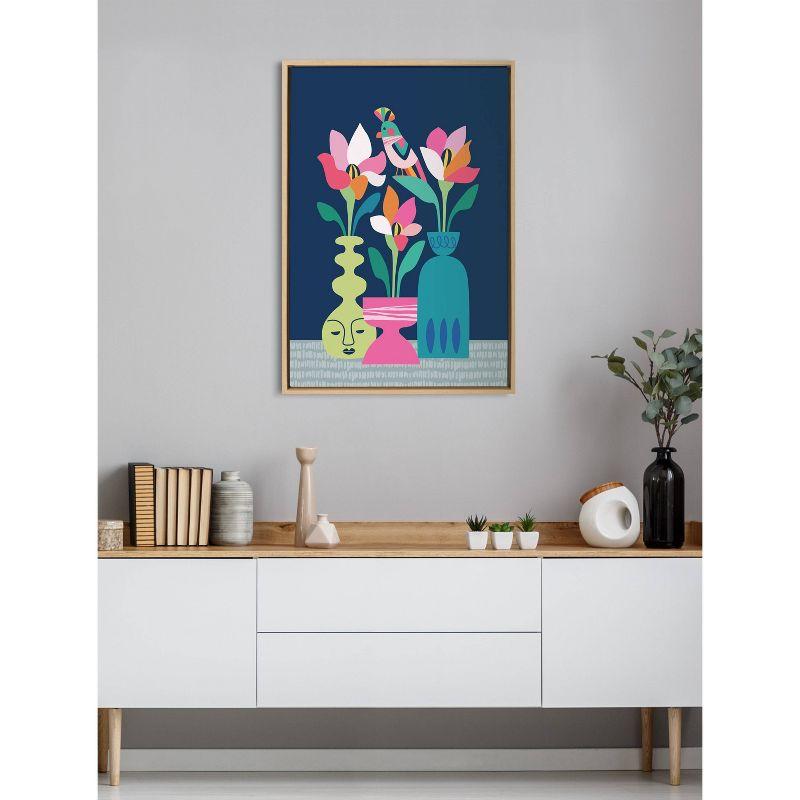 Mid-Century Modern Tropical Floral Canvas Art with Natural Frame