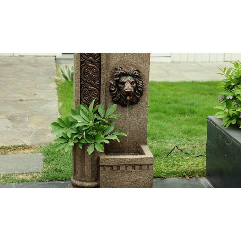 LuxenHome 25.8" H Sandstone Resin Regal Lion Head Floor Outdoor Water Fountain with Lights Brown