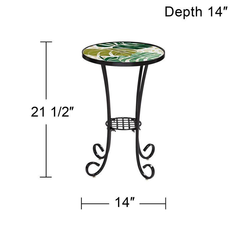 Contemporary Black Metal and Green Leaf Mosaic Outdoor Side Table