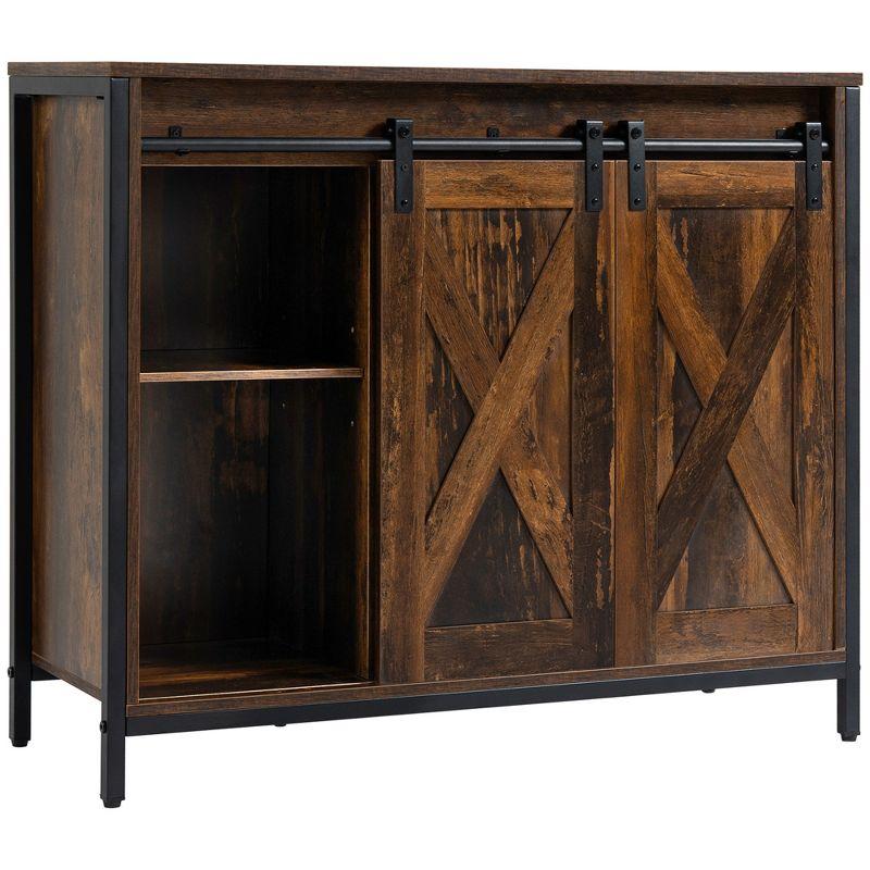 HOMCOM Industrial Sideboard, Buffet Cabinet with Sliding Barn Doors, Storage Cabinets and Adjustable Shelves for Living Room, Home Bar, Rustic Brown