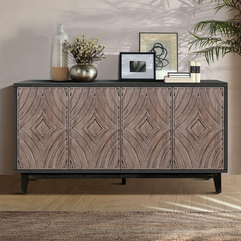 60" Mid Century Sideboard Buffet Kitchen Storage Cabinet, with 4 Convex pattern diamond Doors and 2 Shelves Accent, for Entrance, Hall, Antique Brown