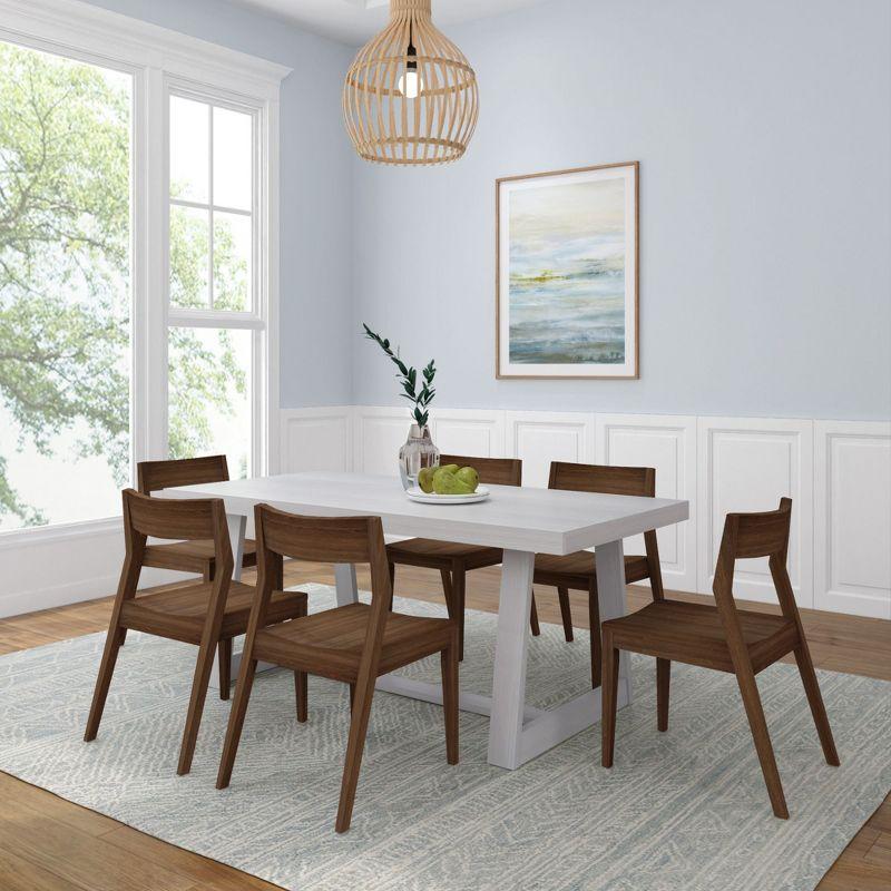 Plank+Beam 72" Classic Solid Wood Dining Table Set with 6 Walnut Chairs, White Wirebrush