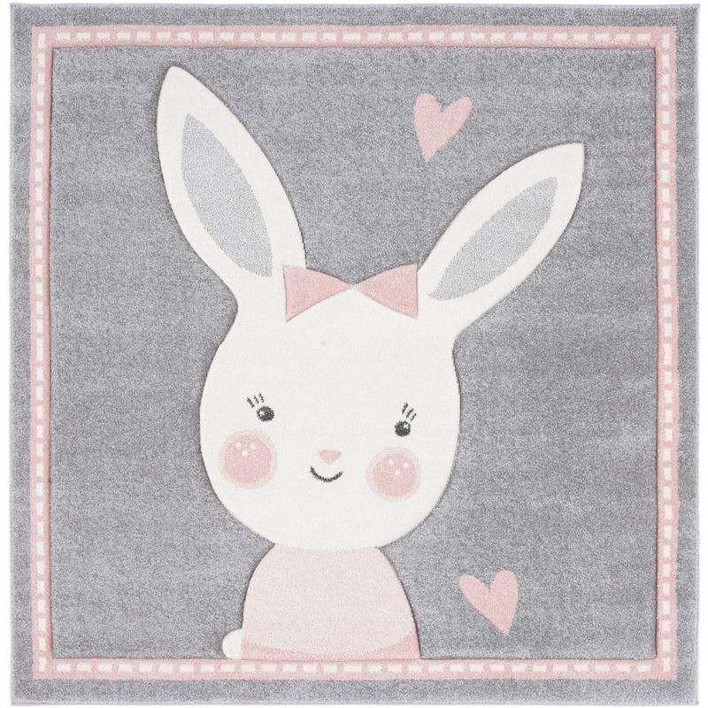 Ivory and Grey Square Kids Bunny Area Rug