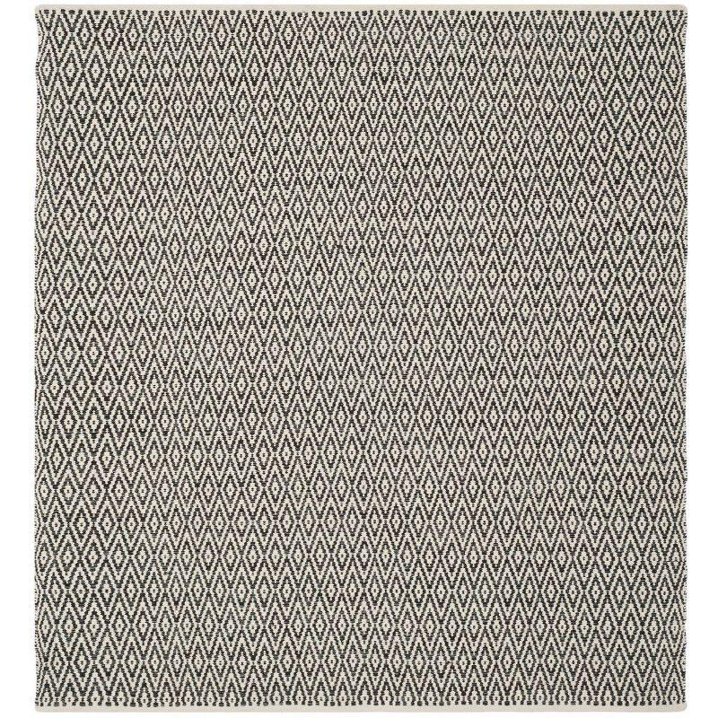 Ivory and Dark Grey Geometric Hand-Woven Wool Cotton Square Rug