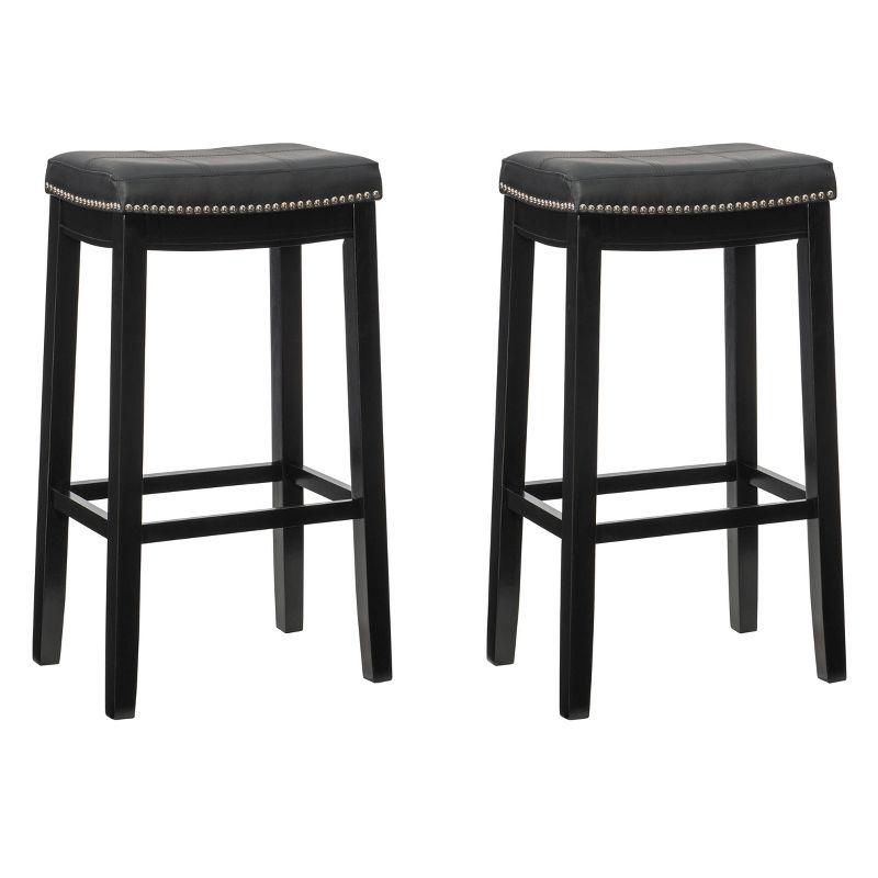 Set of 2 Black Wood and Leather Saddle Barstools