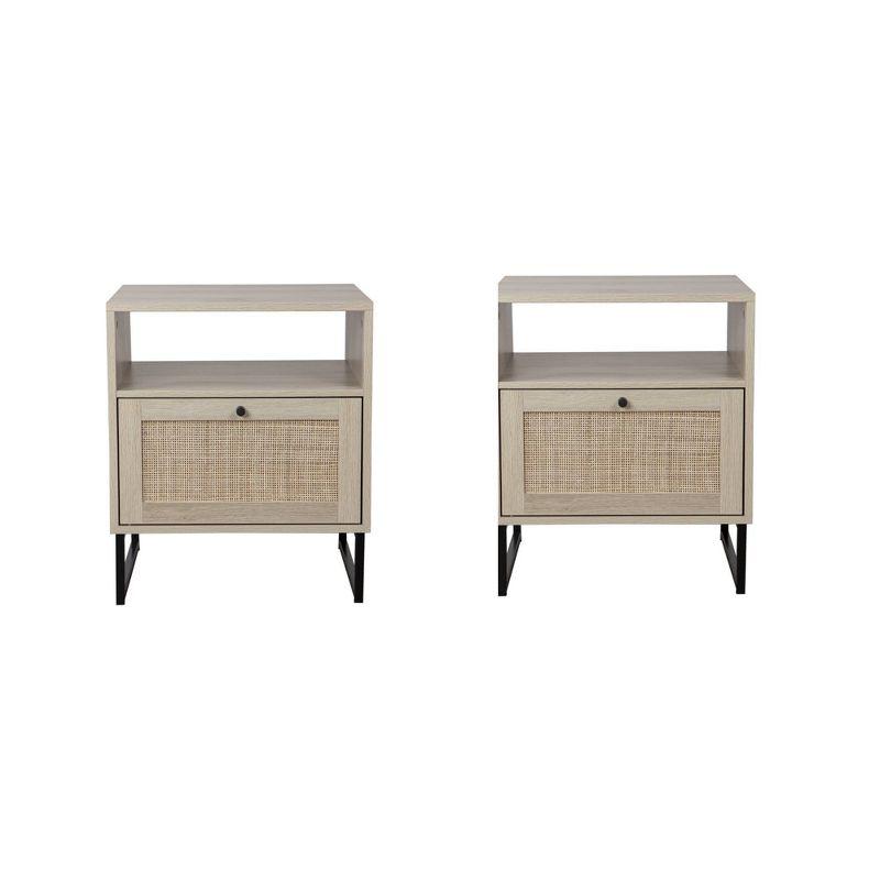 Mina Light Oak and Rattan Nightstands with Black Metal Legs, Set of 2