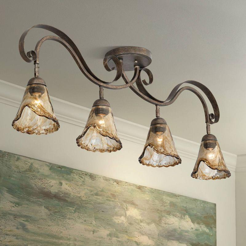 Pro Track 4-Head LED Bulbs Set Ceiling Track Light Fixture Kit Adjustable Brown Bronze Finish Organic Amber Glass Farmhouse Rustic Kitchen 41" Wide