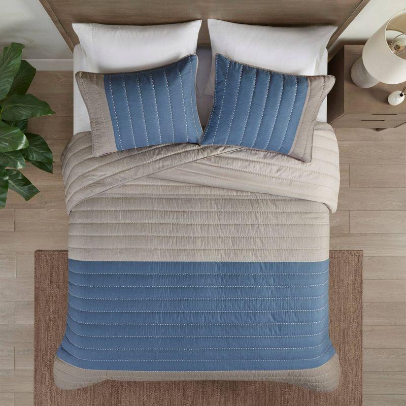 Blue and Taupe Reversible Microfiber Full Quilt Set