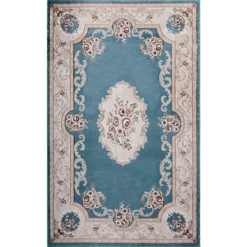 Aubusson Blue and Taupe 5' x 5' Transitional Vintage Area Rug