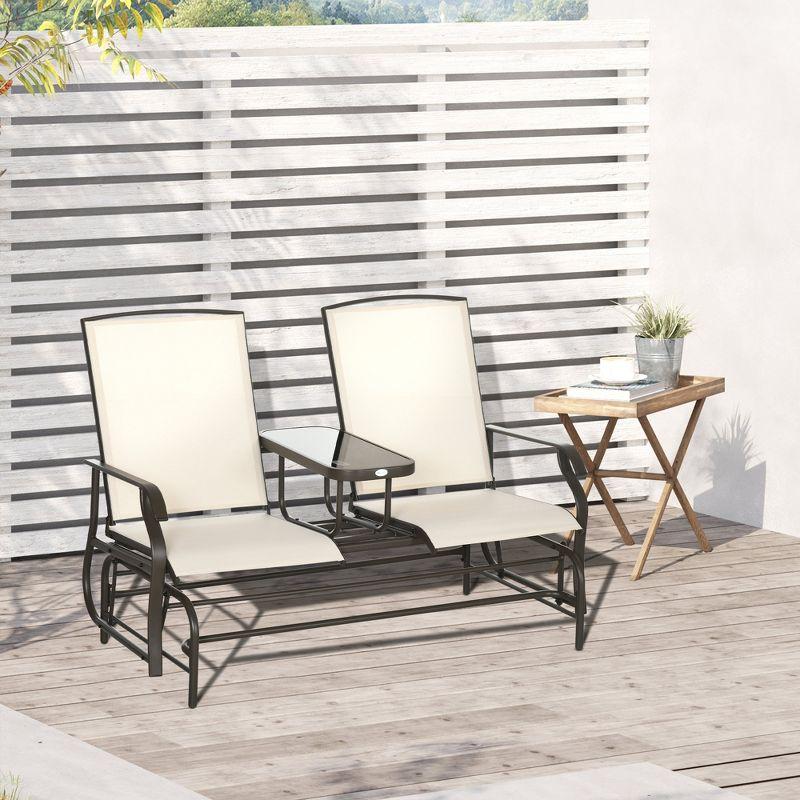 Outsunny 2-Person Outdoor Glider Bench w/ Center Table, Steel Frame for Backyard Garden Porch, Beige