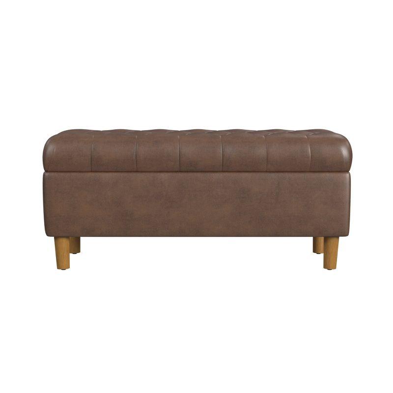 Button Tufted Storage Bench with Cone Wood Legs Faux Leather Brown - HomePop: Hinged Lid, Easy Access