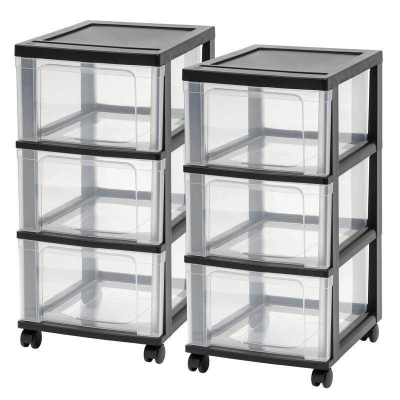 IRIS USA Set of 2 Plastic 3 Drawer Slim Narrow Storage Drawer Cart with 4 Caster Wheels for Home, Closet, Bedroom, Bathroom, Office, Laundry, Black