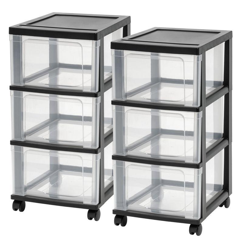 Black Plastic 3-Drawer Storage Cart with Wheels, Set of 2