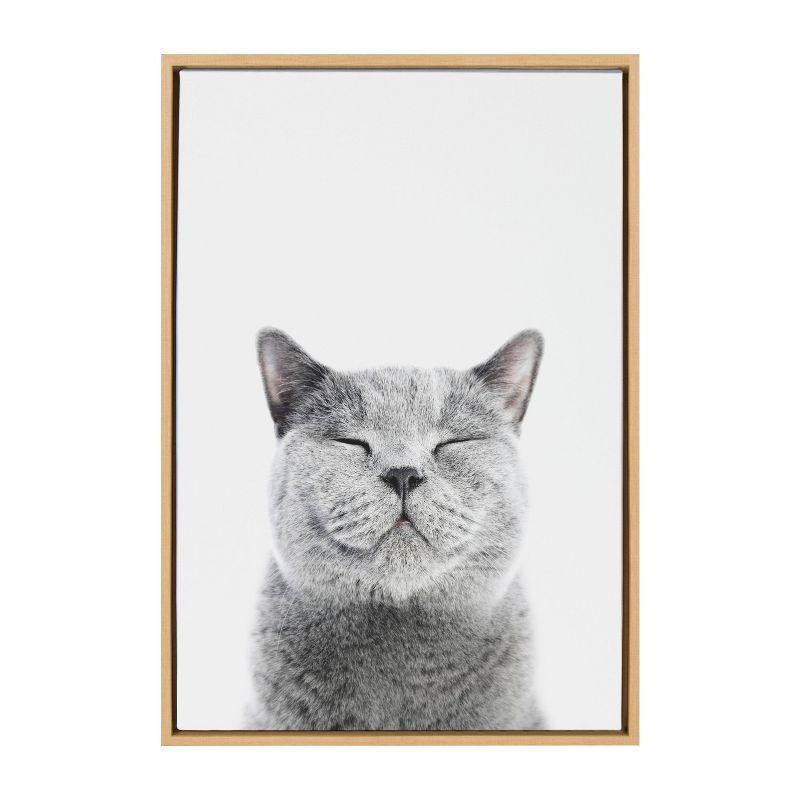 Smiling Cat Canvas Print in Natural Wood Frame for Kids Nursery