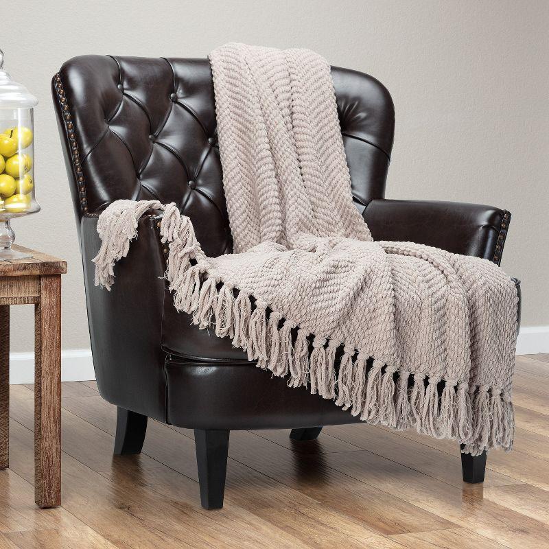 Chanasya Textured Knit Throw Blanket with Tassels - 50" x 65” - Taupe