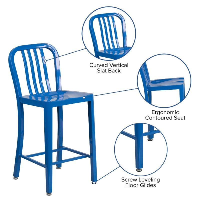 Merrick Lane Santorini 24 Inch Blue Galvanized Steel Indoor/Outdoor Counter Bar Stool With Slatted Back And Powder Coated Finish