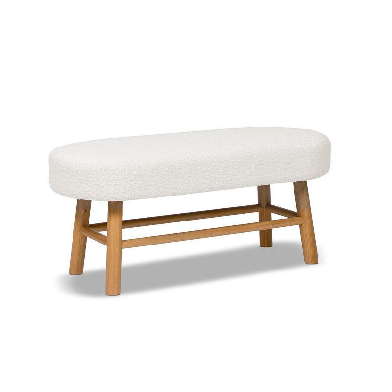 Ivory White Boucle Upholstered Bedroom Bench with Natural Wood Legs