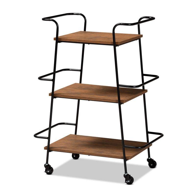 Small Bernard Rustic Industrial Metal and Wood 3 Tier Mobile Wine Bar Cart Black/Walnut - Baxton Studio