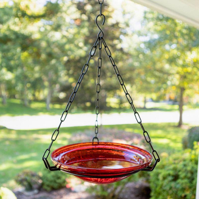 12.5" Tall Crackle Glass Hanging Birdbath Bowl Red - Achla Designs: Weather-Resistant, No Assembly, Iron Chain