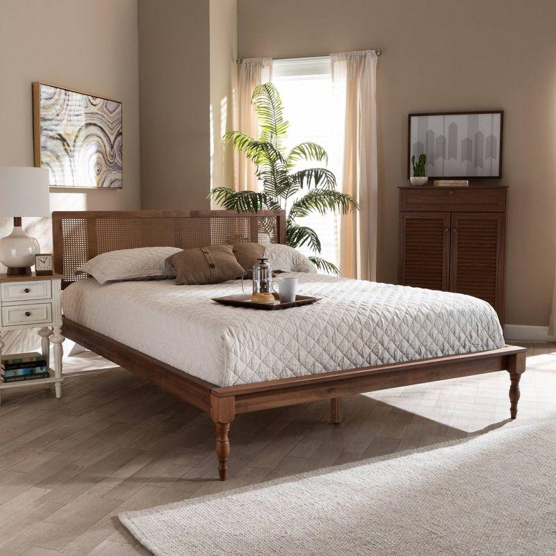 Romy Full Size Walnut Wood and Rattan Upholstered Bed