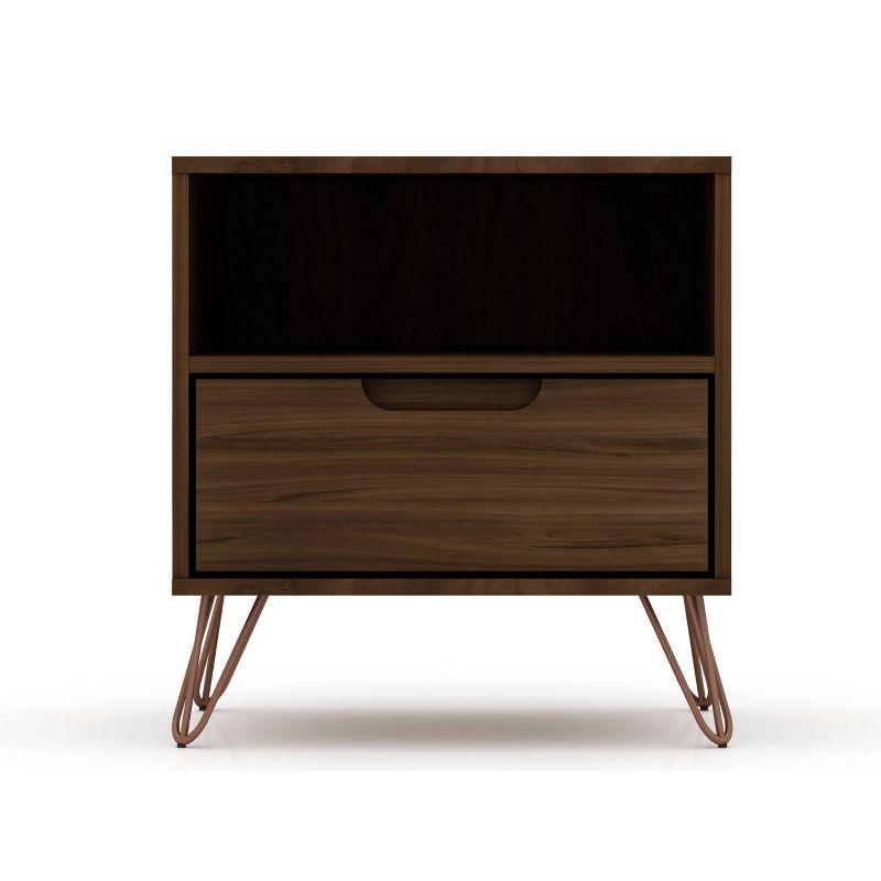 1.0 Rockefeller Nightstand Brown - Manhattan Comfort: Modern Bedside Table with Storage, Shelving & Metal Glides