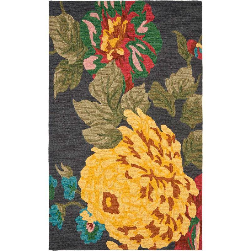 Handmade Black and Yellow Floral Wool Rug