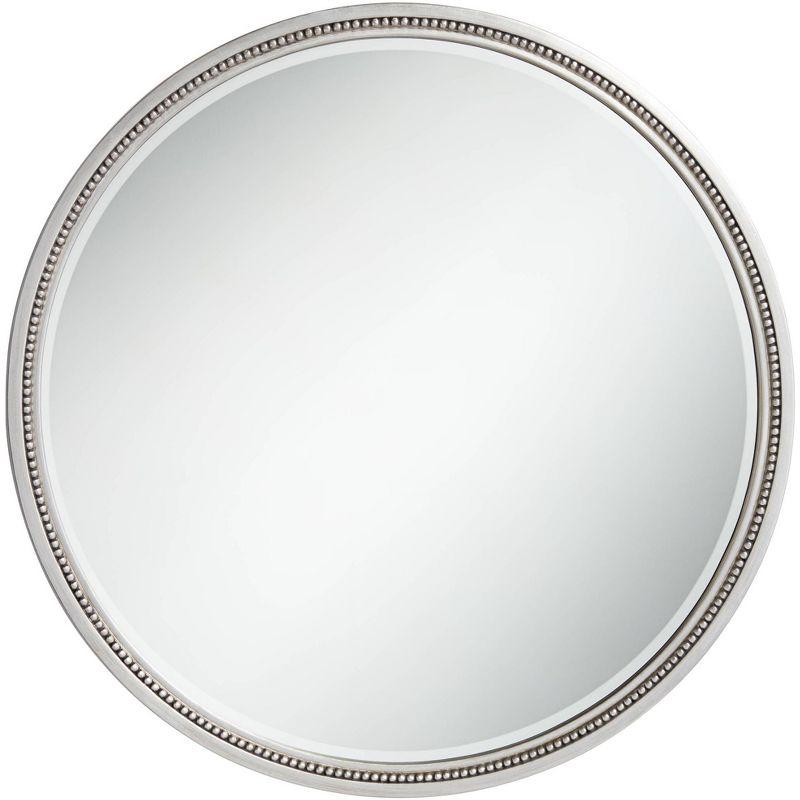 Noble Park Lorraine Round Vanity Decorative Wall Mirror Modern Beveled Beaded Trim Silver Wood Frame 32 3/4" Wide for Bathroom Bedroom Living Room