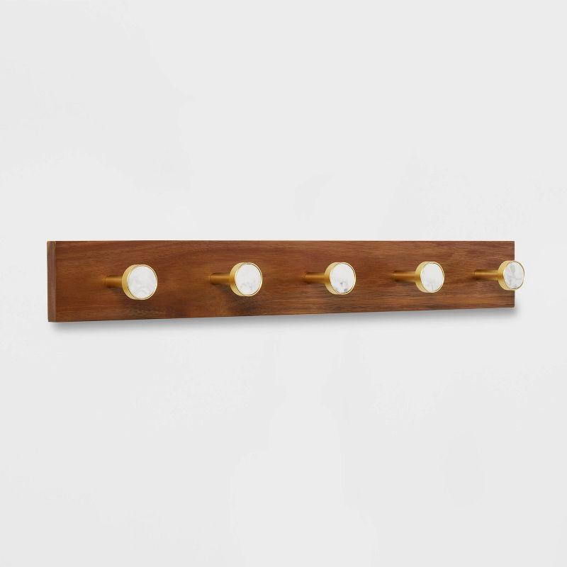 Metal and Faux Marble 5 Gold Hooks Rail on Acacia Wood - Threshold™: Wall Mounted Decorative Hook Racks, Coat Hooks