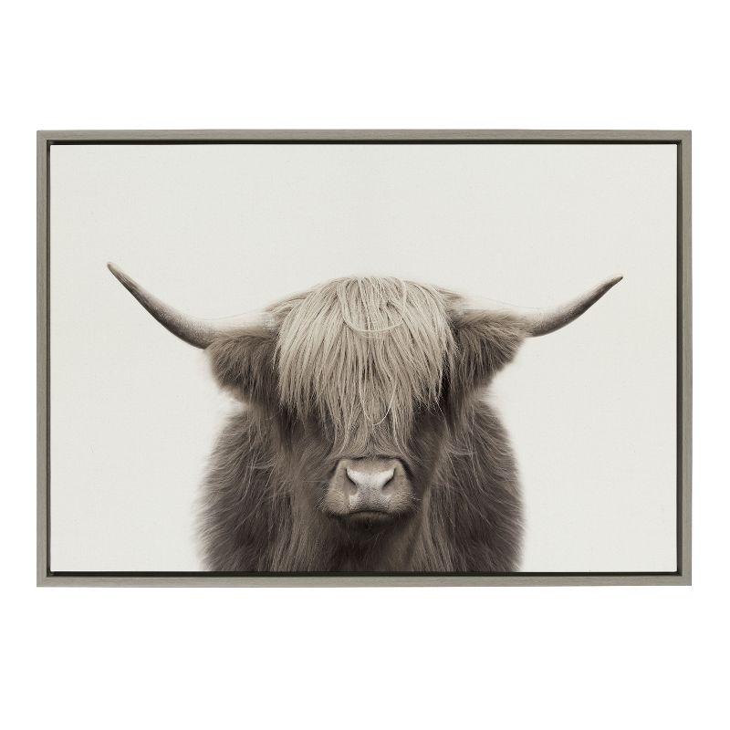 Kate and Laurel Sylvie Hey Dude Highland Cow Color Framed Canvas by The Creative Bunch Studio, 23x33, Gray